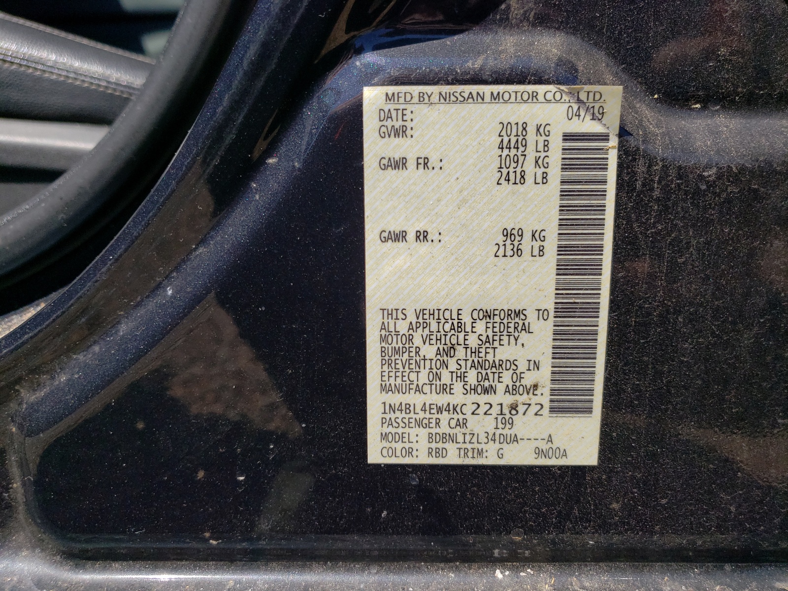 1N4BL4EW4KC221872 2019 Nissan Altima Sl