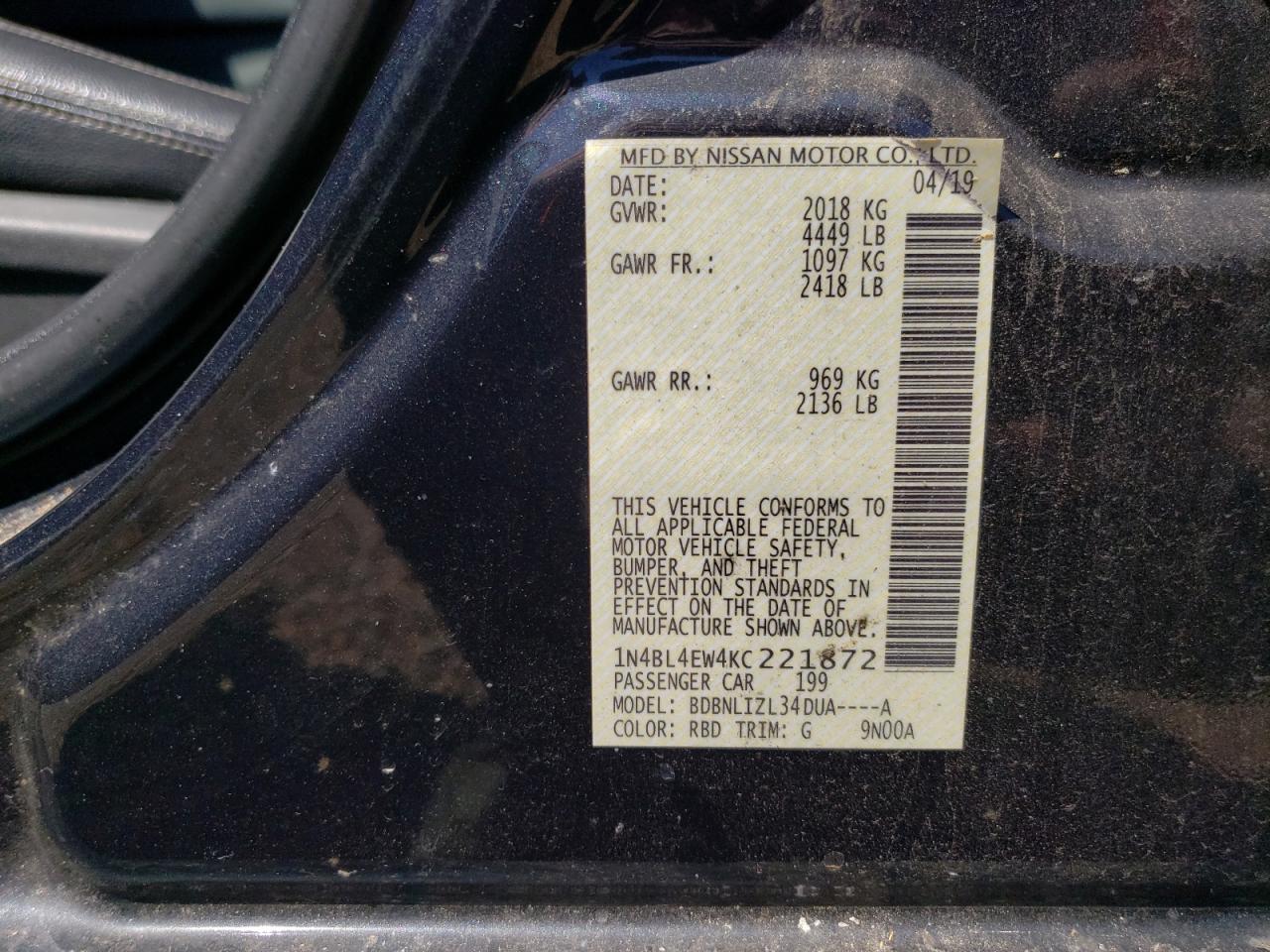 2019 Nissan Altima Sl VIN: 1N4BL4EW4KC221872 Lot: 57744684