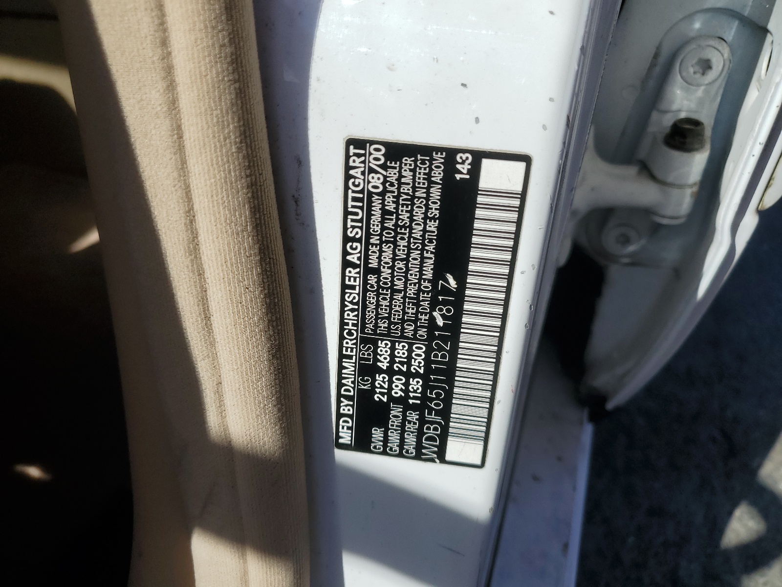 WDBJF65J11B211817 2001 Mercedes-Benz E 320