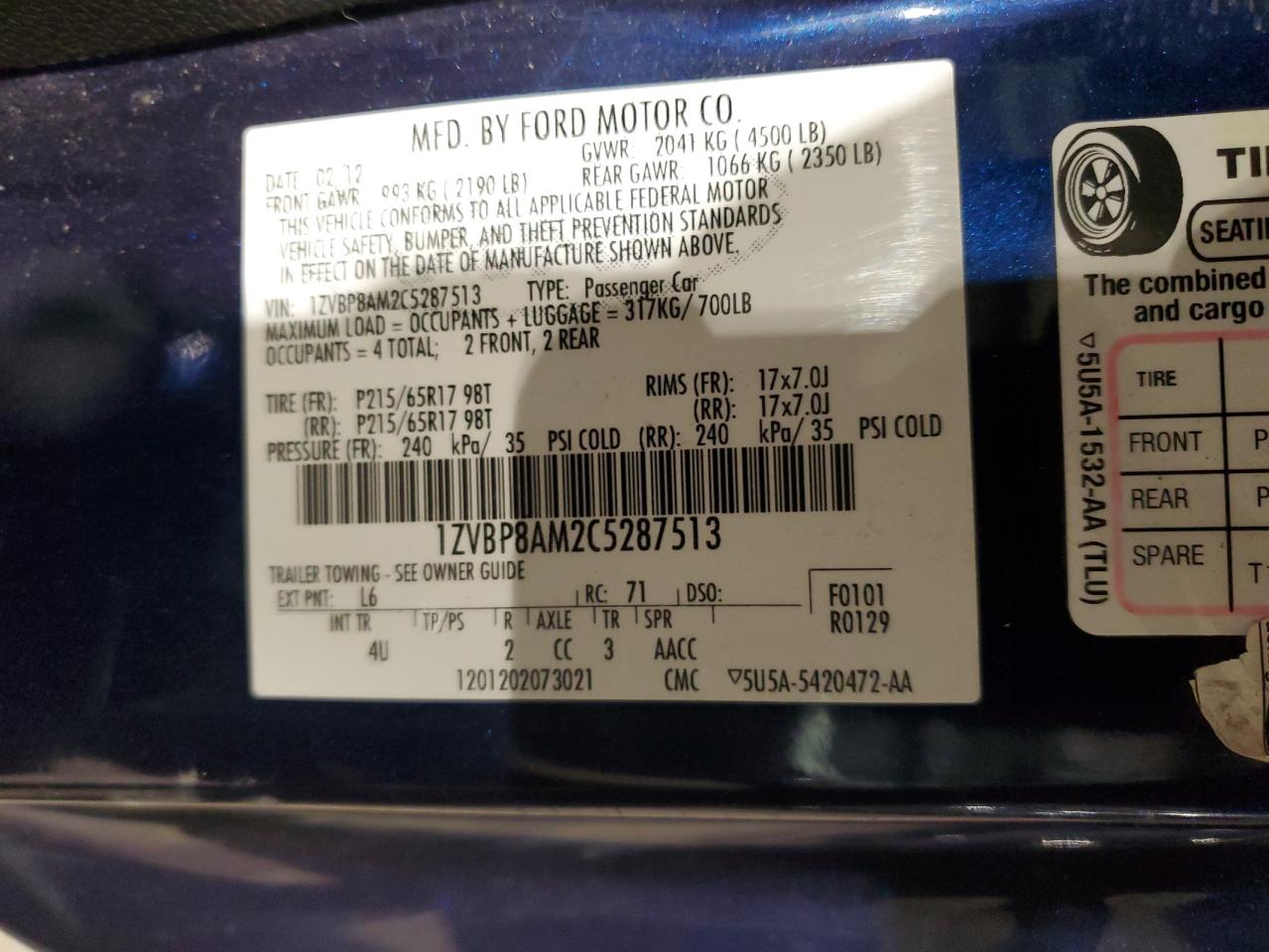 2012 Ford Mustang VIN: 1ZVBP8AM2C5287513 Lot: 67908314