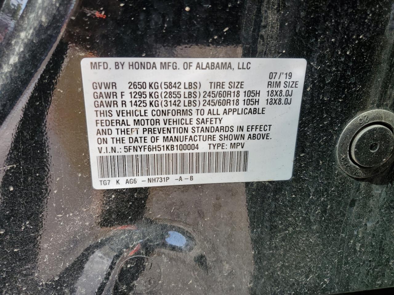 2019 Honda Pilot Exl VIN: 5FNYF6H51KB100004 Lot: 67878344