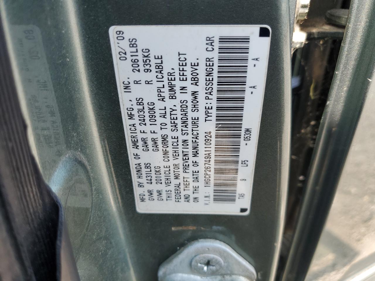 1HGCP26749A110924 2009 Honda Accord Ex