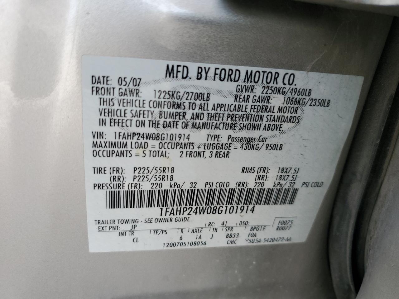 2008 Ford Taurus Sel VIN: 1FAHP24W08G101914 Lot: 65062134