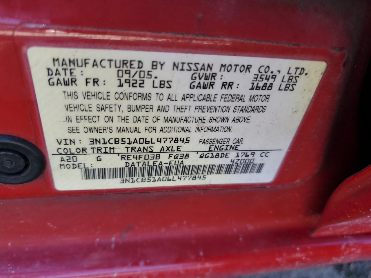 3N1CB51A06L477845 2006 Nissan Sentra 1.8S