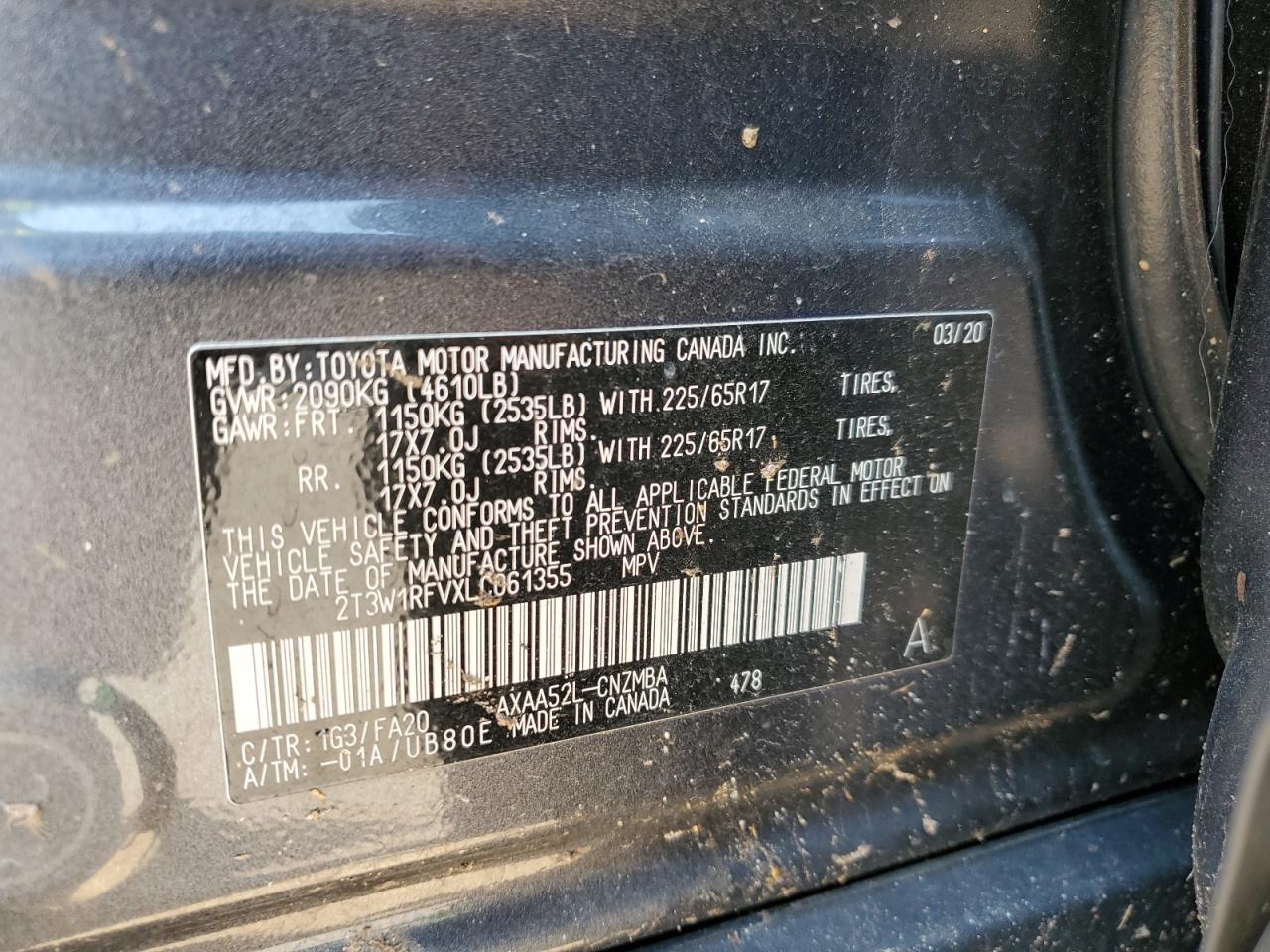 2020 Toyota Rav4 Xle VIN: 2T3W1RFVXLC061355 Lot: 66370434