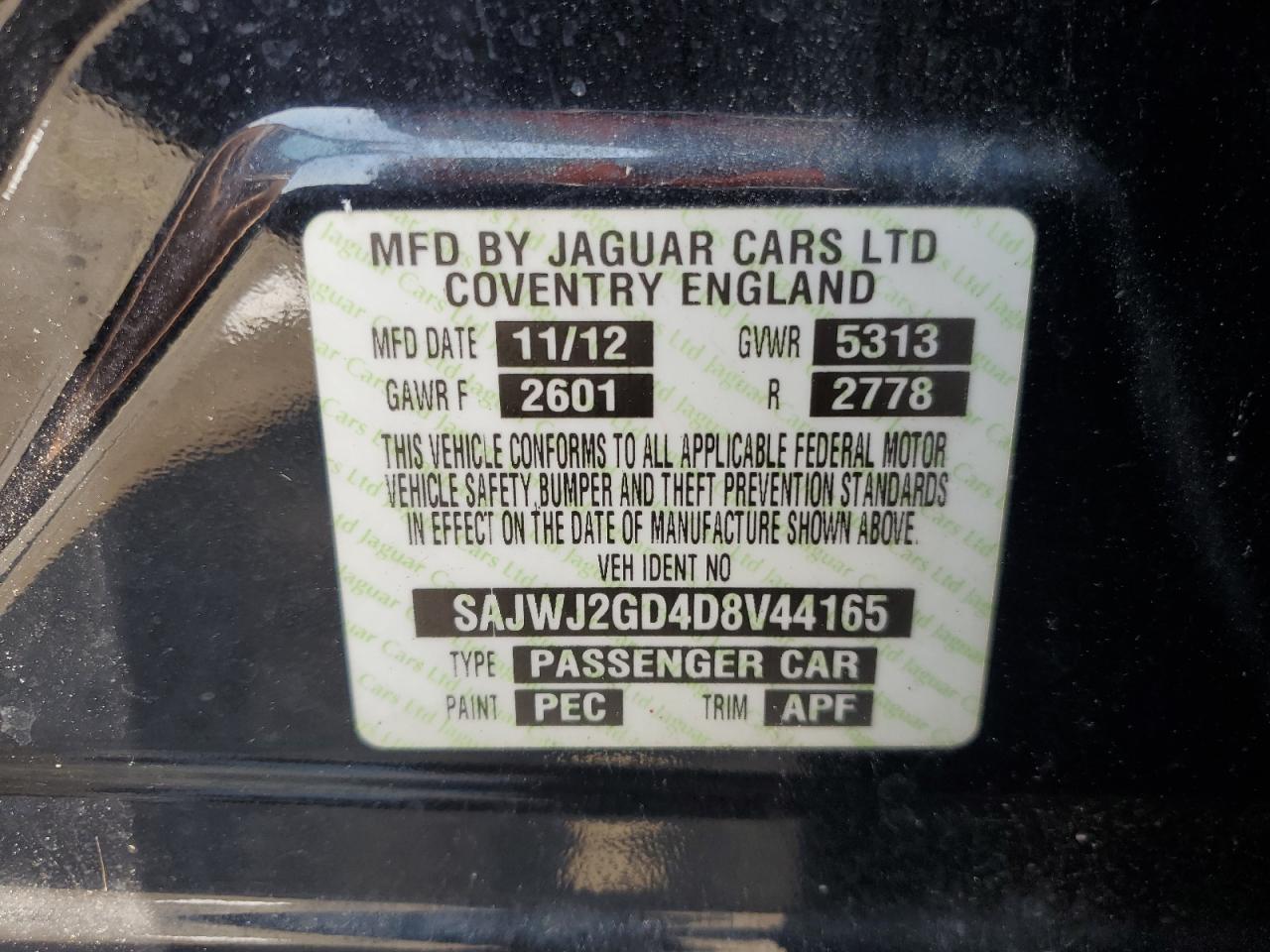 2013 Jaguar Xjl Portfolio VIN: SAJWJ2GD4D8V44165 Lot: 66363894