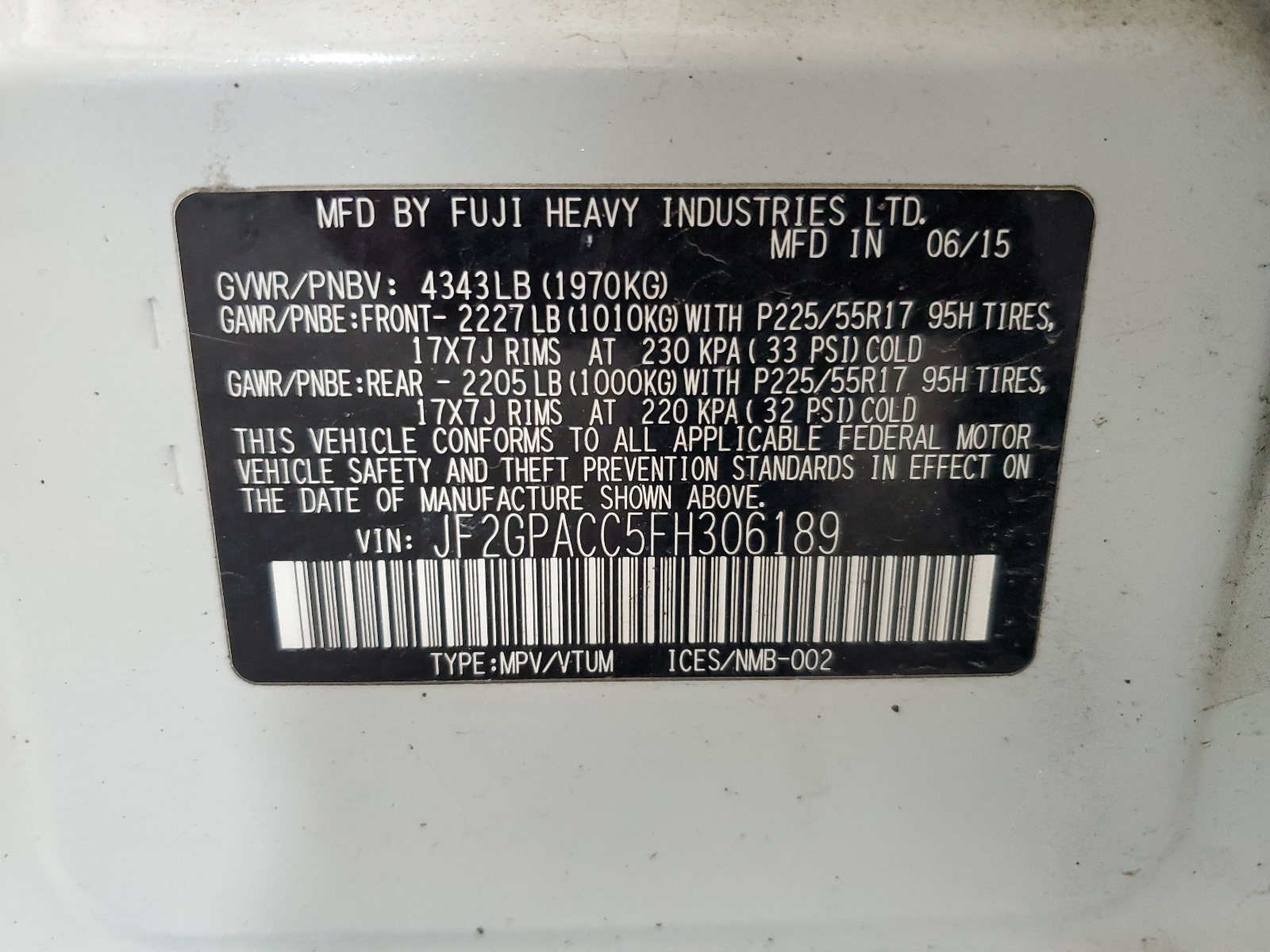 JF2GPACC5FH306189 2015 Subaru Xv Crosstrek 2.0 Premium