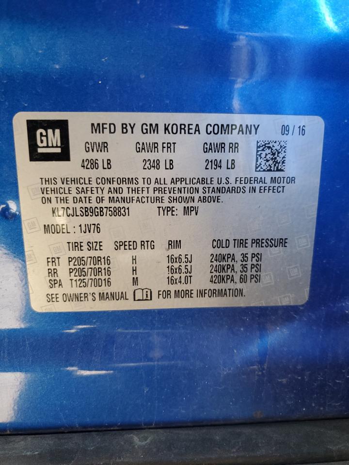 2016 Chevrolet Trax 1Lt VIN: KL7CJLSB9GB758831 Lot: 67073304