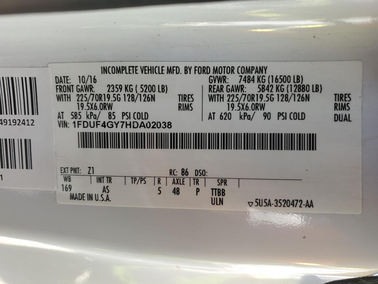 2017 Ford F450 Super Duty VIN: 1FDUF4GY7HDA02038 Lot: 67084124