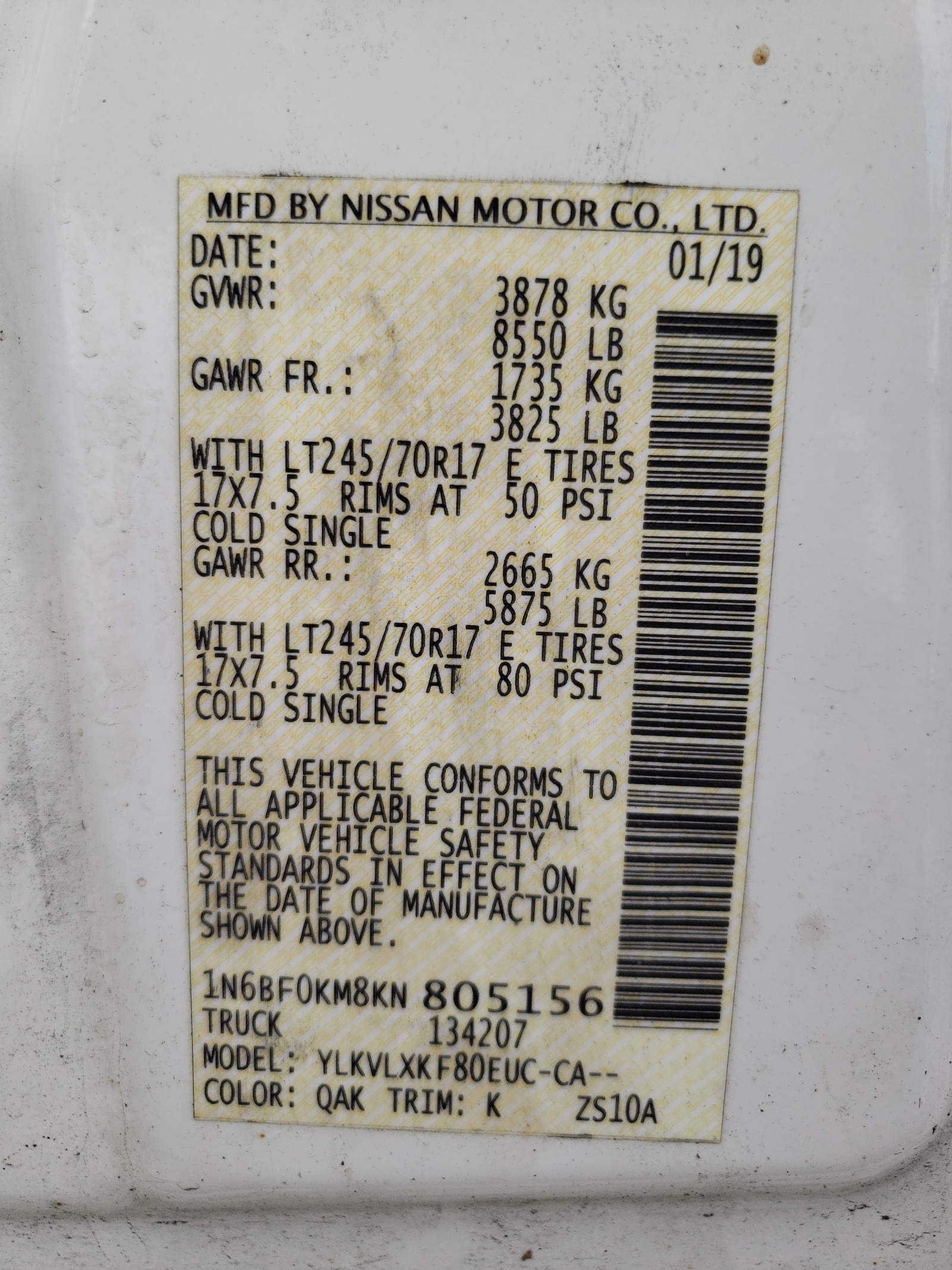 1N6BF0KM8KN805156 2019 Nissan Nv 1500 S