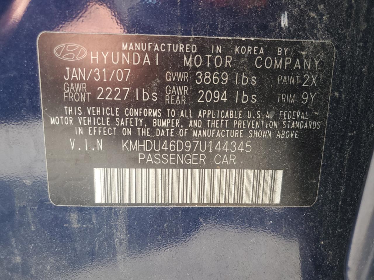2007 Hyundai Elantra Gls VIN: KMHDU46D97U144345 Lot: 68106114