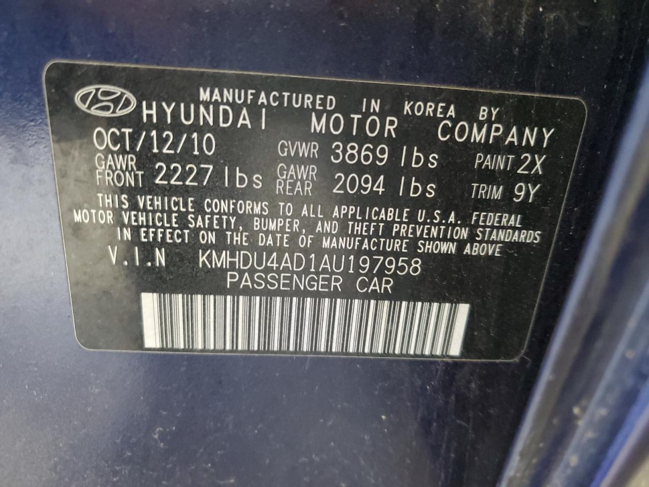 2010 Hyundai Elantra Blue VIN: KMHDU4AD1AU197958 Lot: 66576334