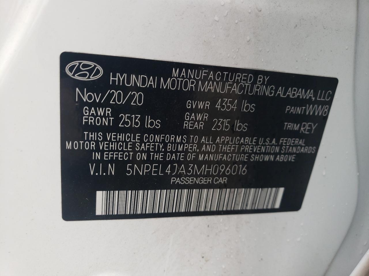 5NPEL4JA3MH096016 2021 Hyundai Sonata Sel