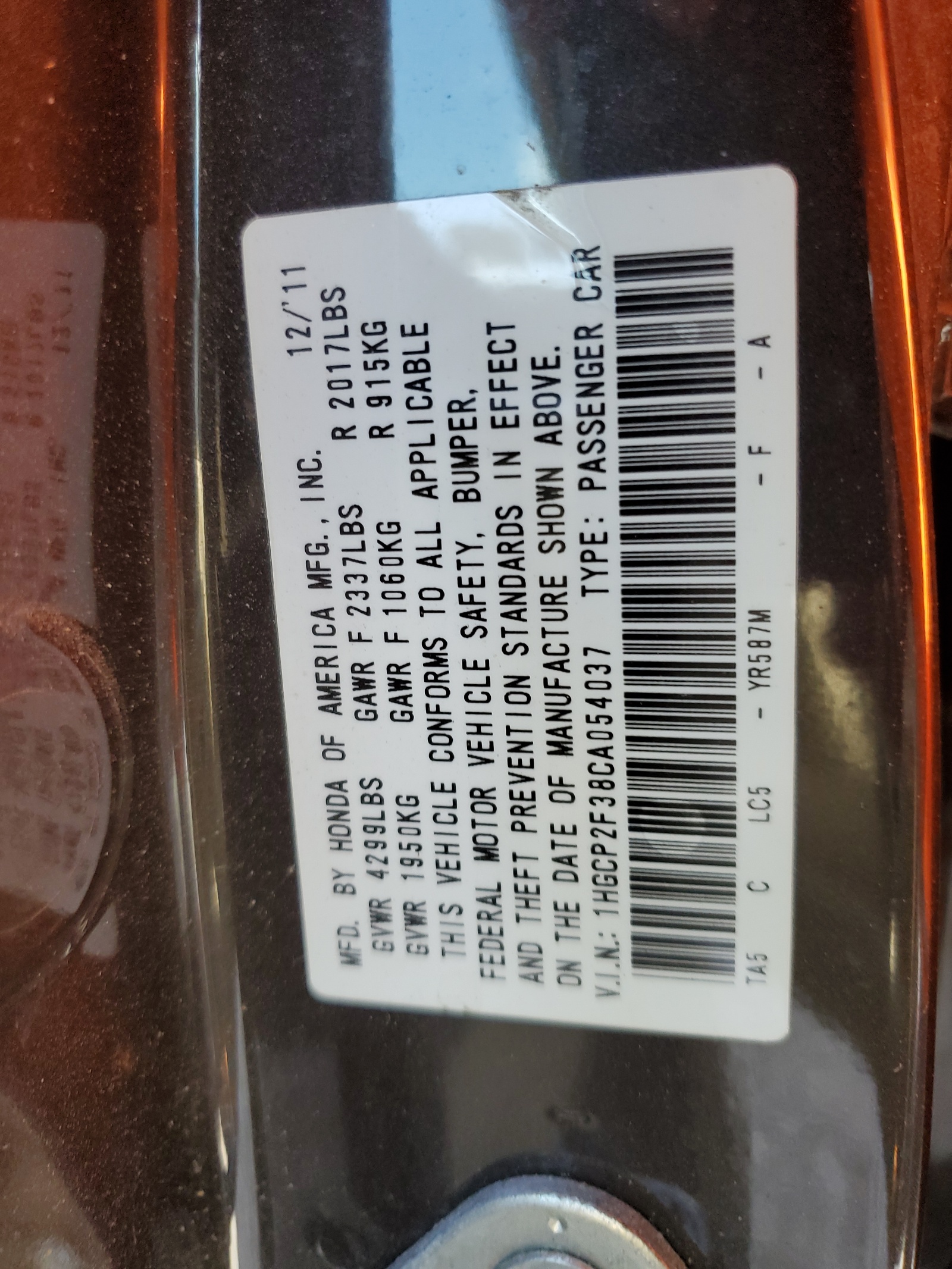 1HGCP2F38CA054037 2012 Honda Accord Lx