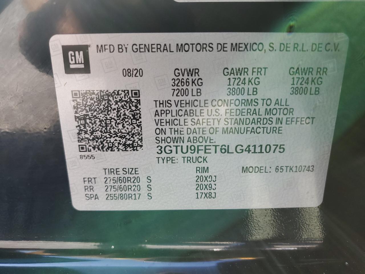 2020 GMC Sierra K1500 Denali VIN: 3GTU9FET6LG411075 Lot: 69435824