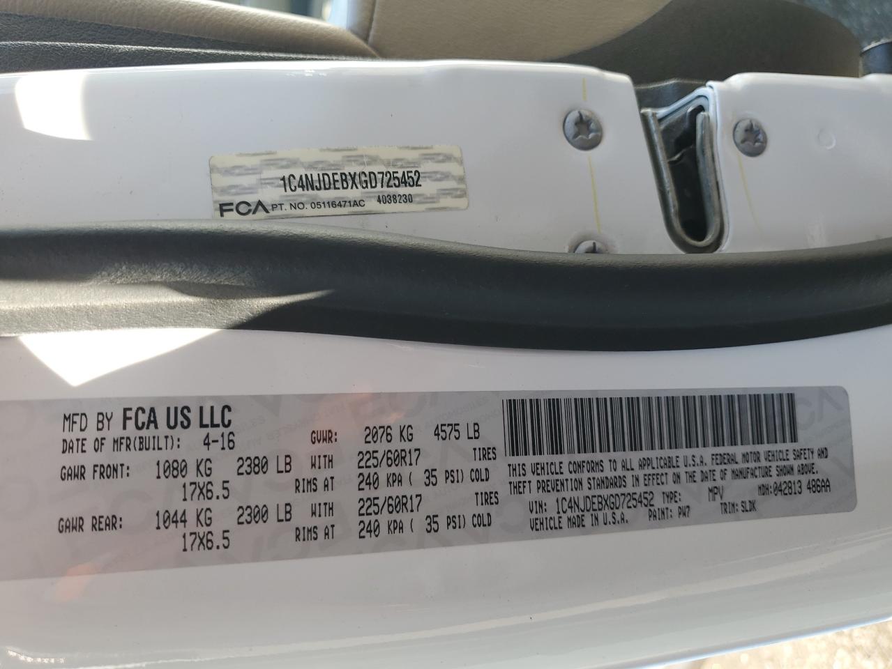 2016 Jeep Compass Latitude VIN: 1C4NJDEBXGD725452 Lot: 65764454