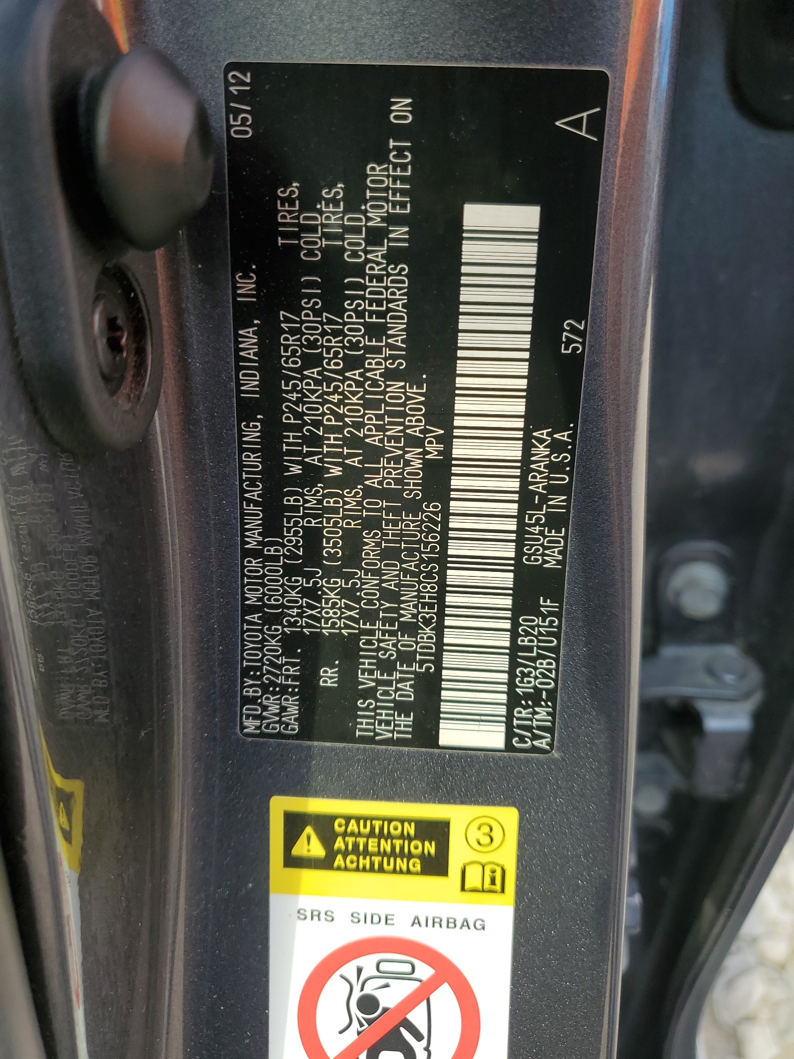 5TDBK3EH8CS156226 2012 Toyota Highlander Base