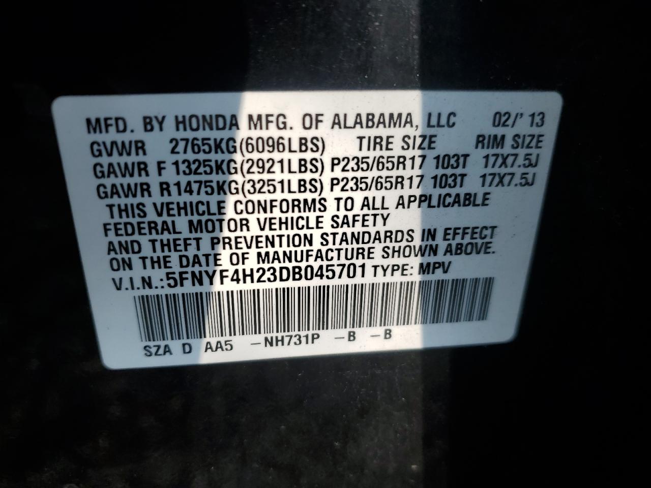 2013 Honda Pilot Lx VIN: 5FNYF4H23DB045701 Lot: 64560954