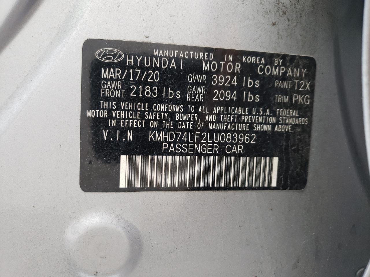 2020 Hyundai Elantra Se VIN: KMHD74LF2LU083962 Lot: 66742424