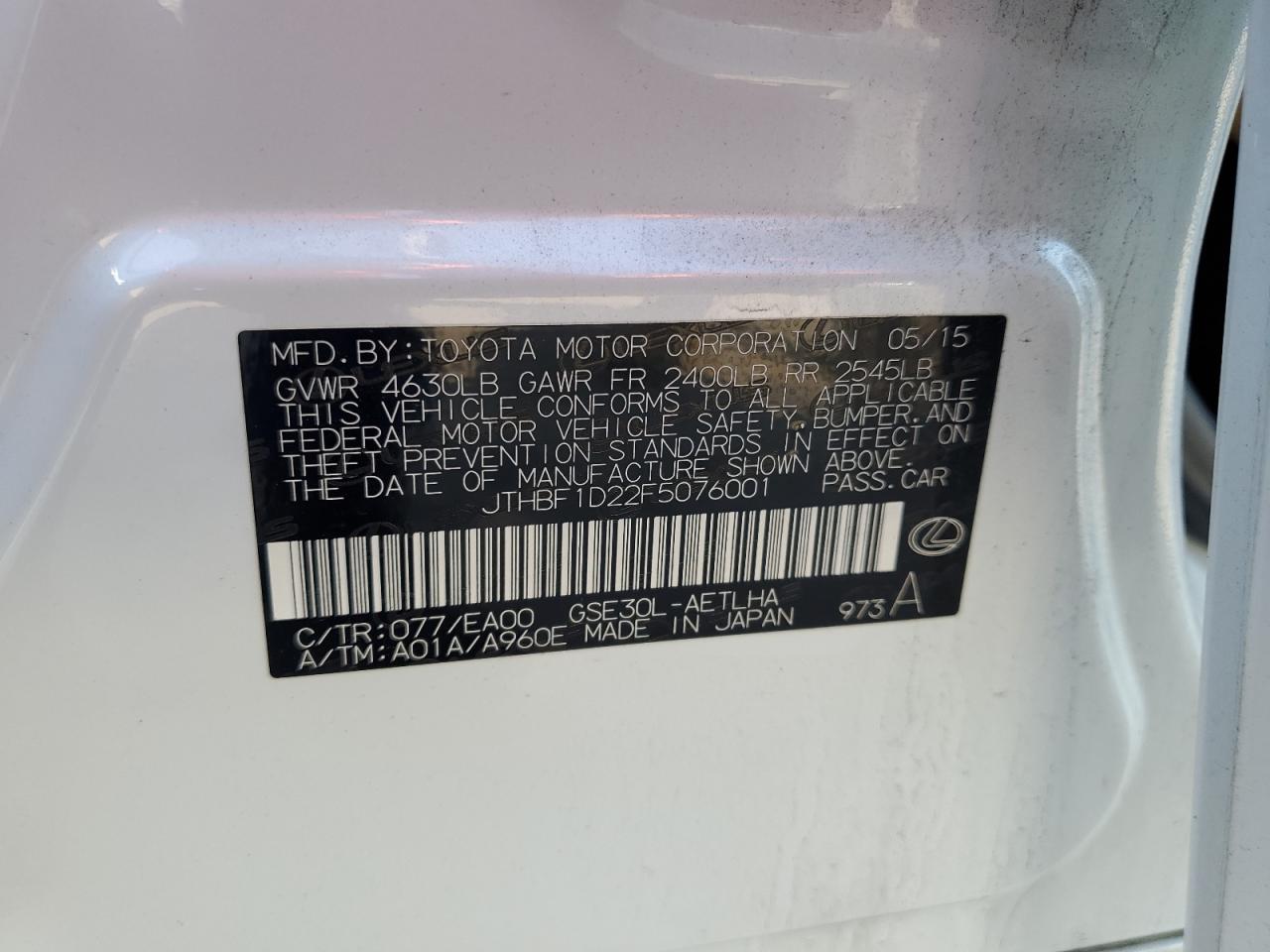 2015 Lexus Is 250 VIN: JTHBF1D22F5076001 Lot: 66000424