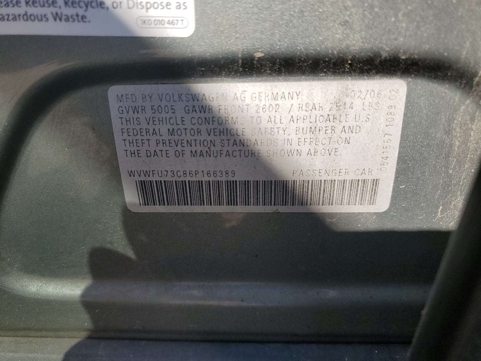 WVWFU73C86P166389 2006 Volkswagen Passat 3.6L 4Motion Luxury