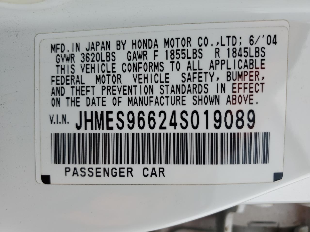 2004 Honda Civic Hybrid VIN: JHMES96624S019089 Lot: 69089724