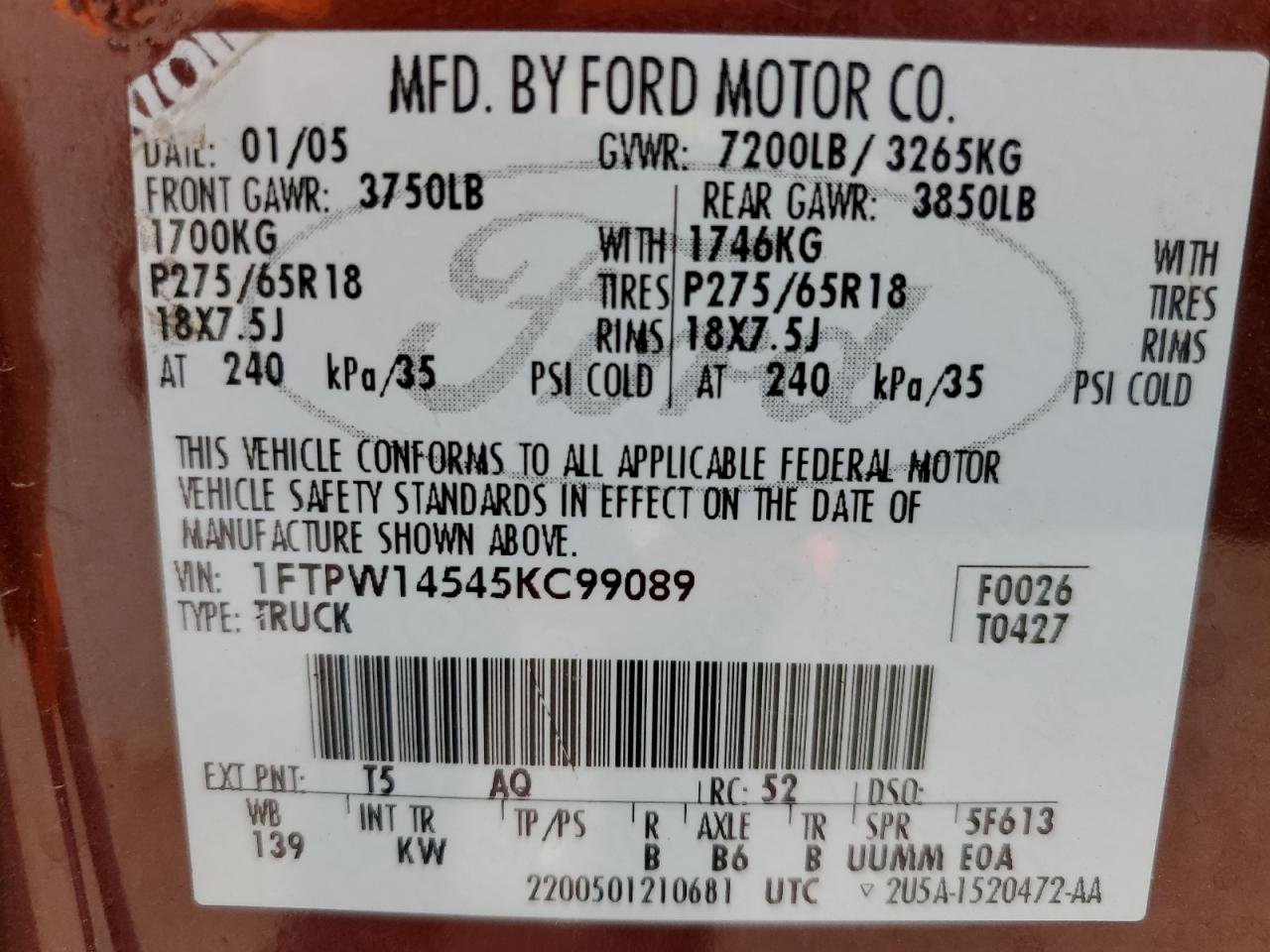 2005 Ford F150 Supercrew VIN: 1FTPW14545KC99089 Lot: 66821824