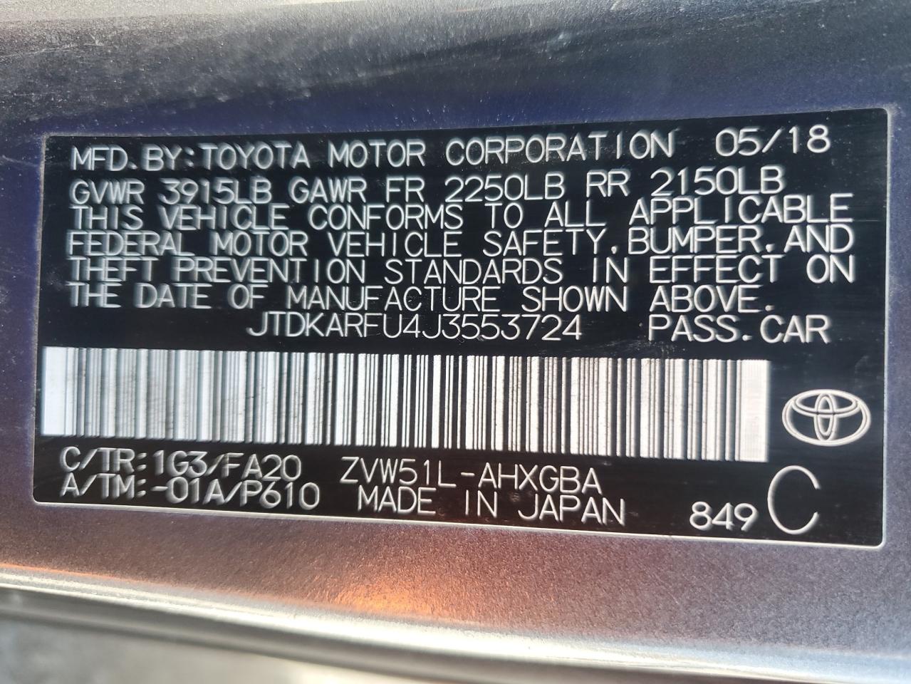 2018 Toyota Prius VIN: JTDKARFU4J3553724 Lot: 67402194