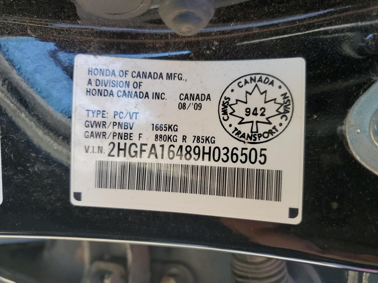 2009 Honda Civic Dx-G VIN: 2HGFA16489H036505 Lot: 65910374