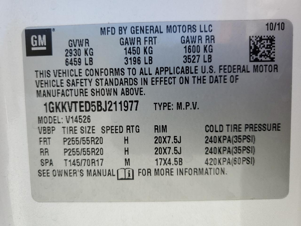 2011 GMC Acadia Denali VIN: 1GKKVTED5BJ211977 Lot: 66029164