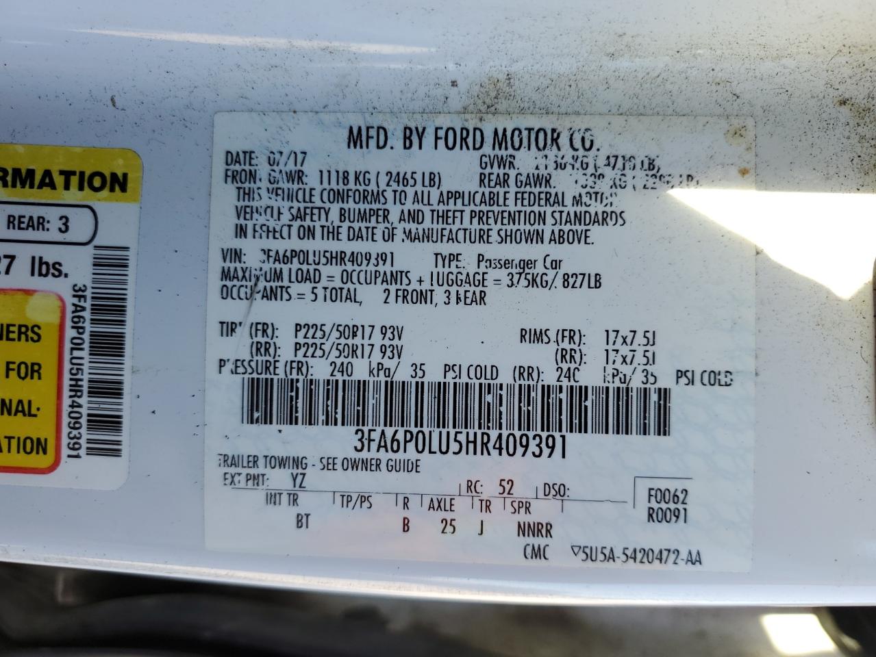 2017 Ford Fusion Se Hybrid VIN: 3FA6P0LU5HR409391 Lot: 69023164