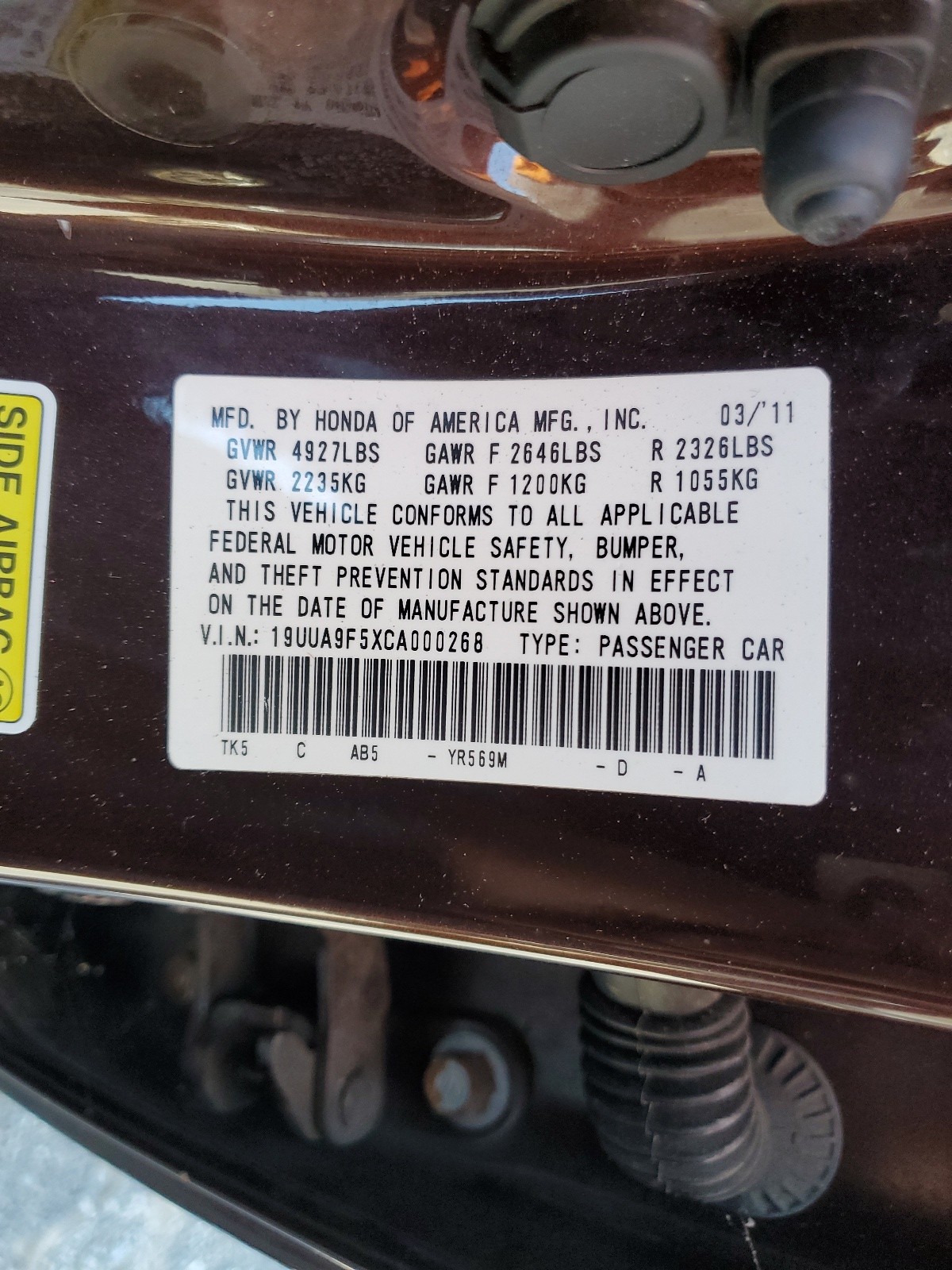 19UUA9F5XCA000268 2012 Acura Tl