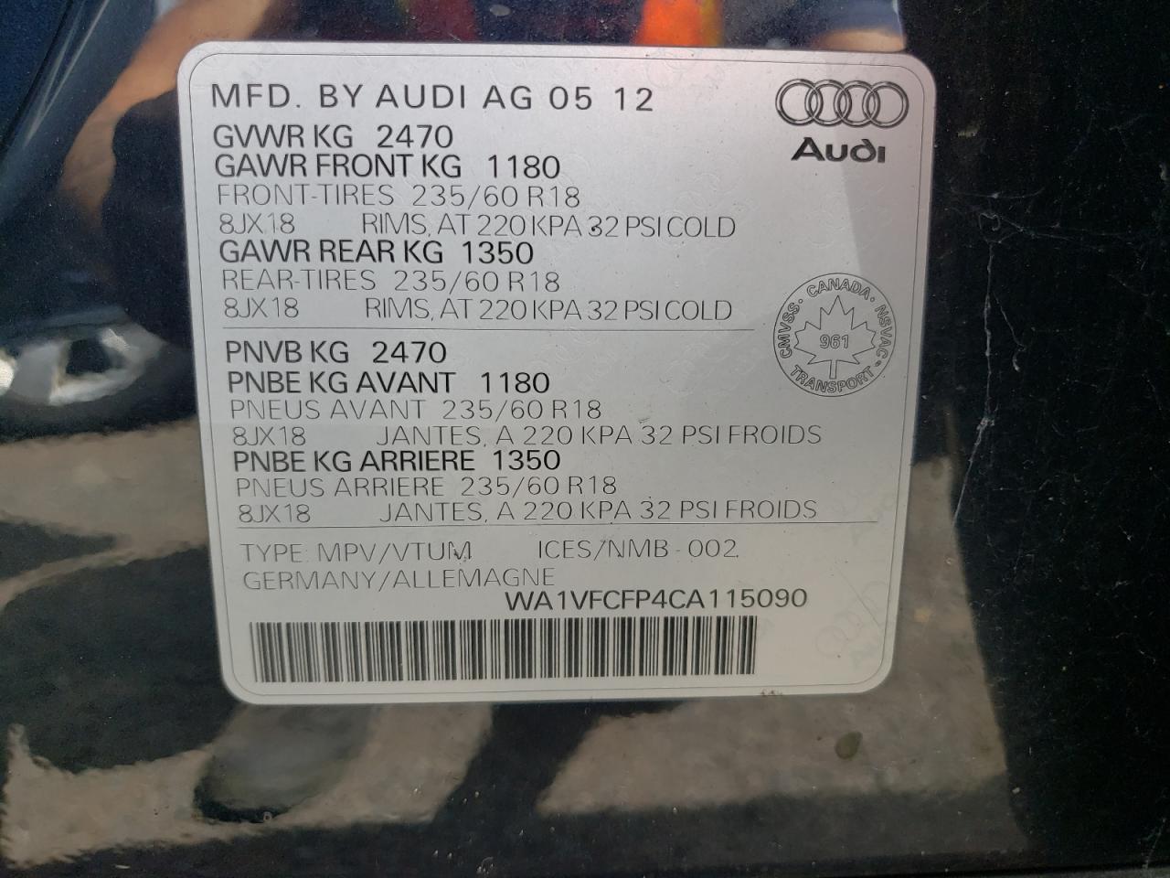 2012 Audi Q5 Premium Plus VIN: WA1VFCFP4CA115090 Lot: 68711854