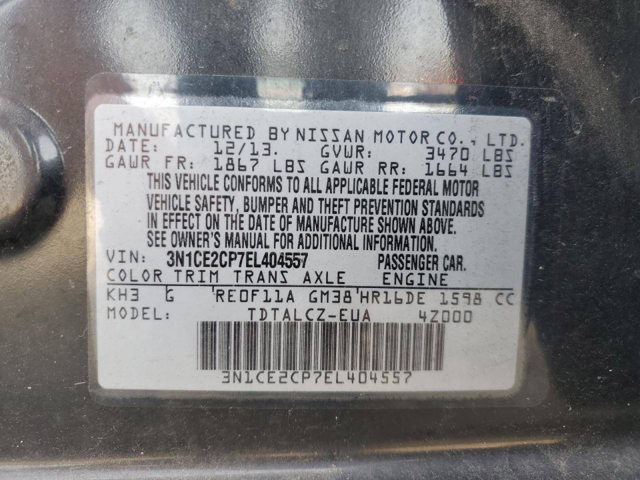 3N1CE2CP7EL404557 2014 Nissan Versa Note S