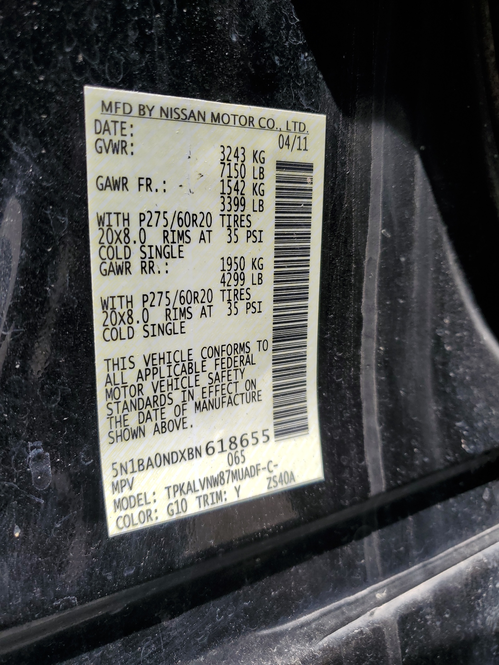 5N1BA0NDXBN618655 2011 Nissan Armada Sv