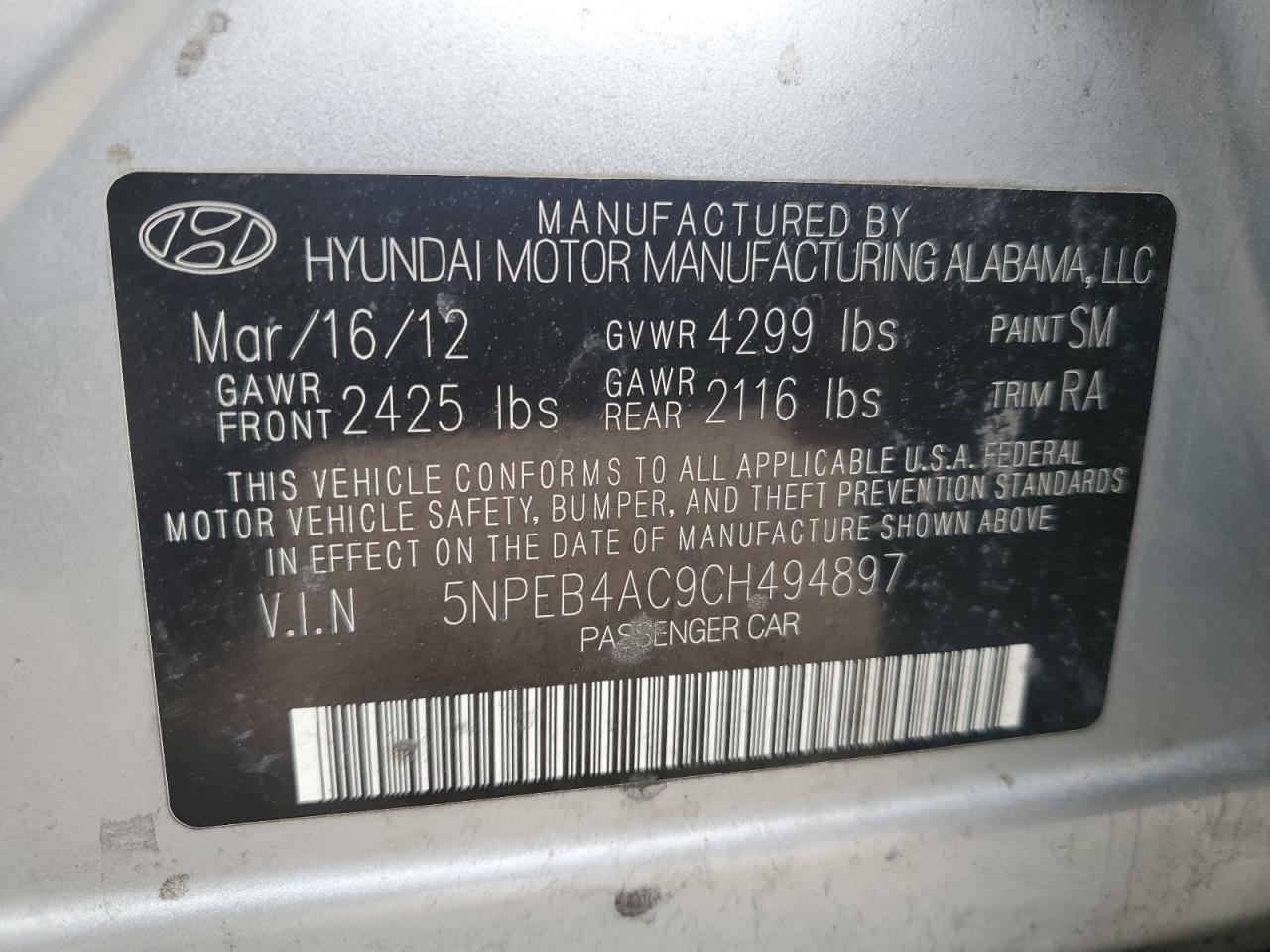 5NPEB4AC9CH494897 2012 Hyundai Sonata Gls