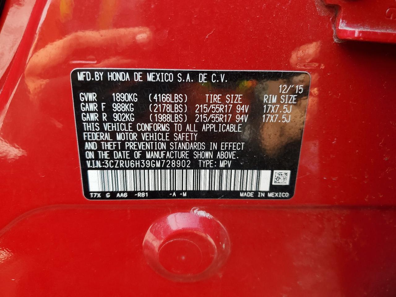 2016 Honda Hr-V Lx VIN: 3CZRU6H39GM728902 Lot: 65831224