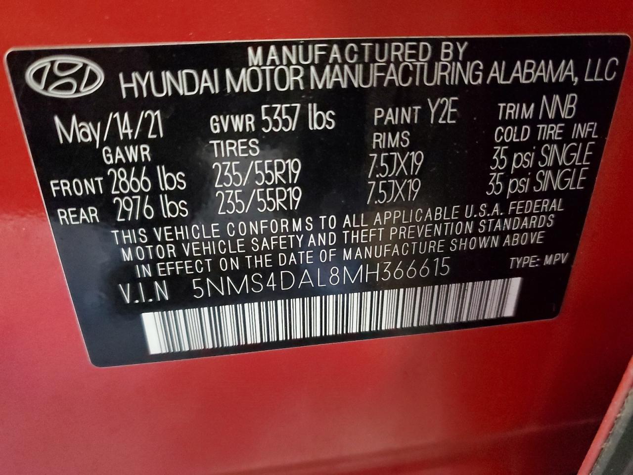 5NMS4DAL8MH366615 2021 Hyundai Santa Fe Limited