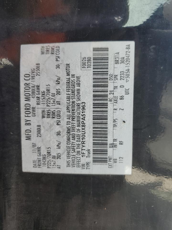 2008 Ford Ranger VIN: 1FTYR10UX8PA51963 Lot: 66555294