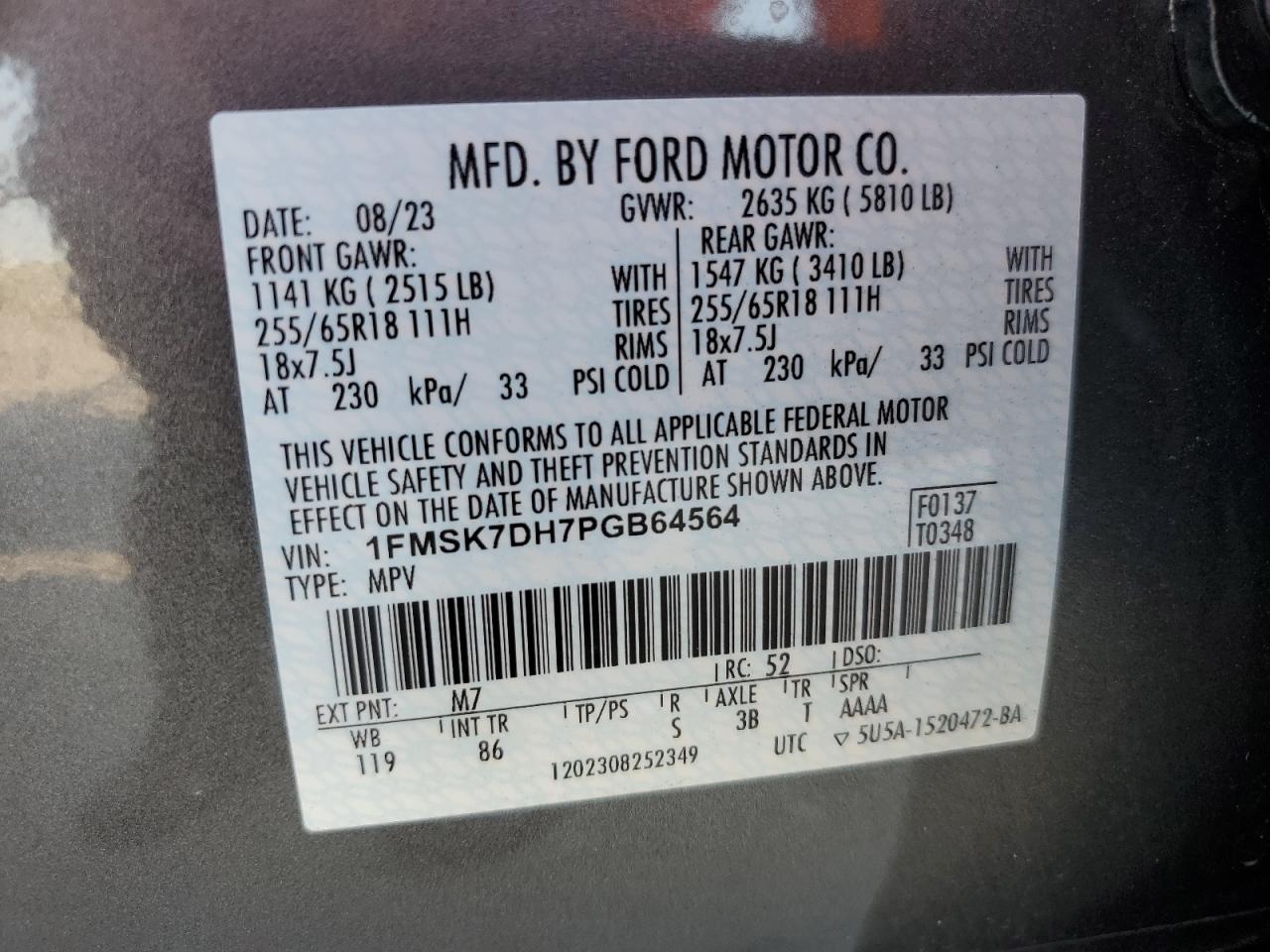 1FMSK7DH7PGB64564 2023 Ford Explorer Xlt