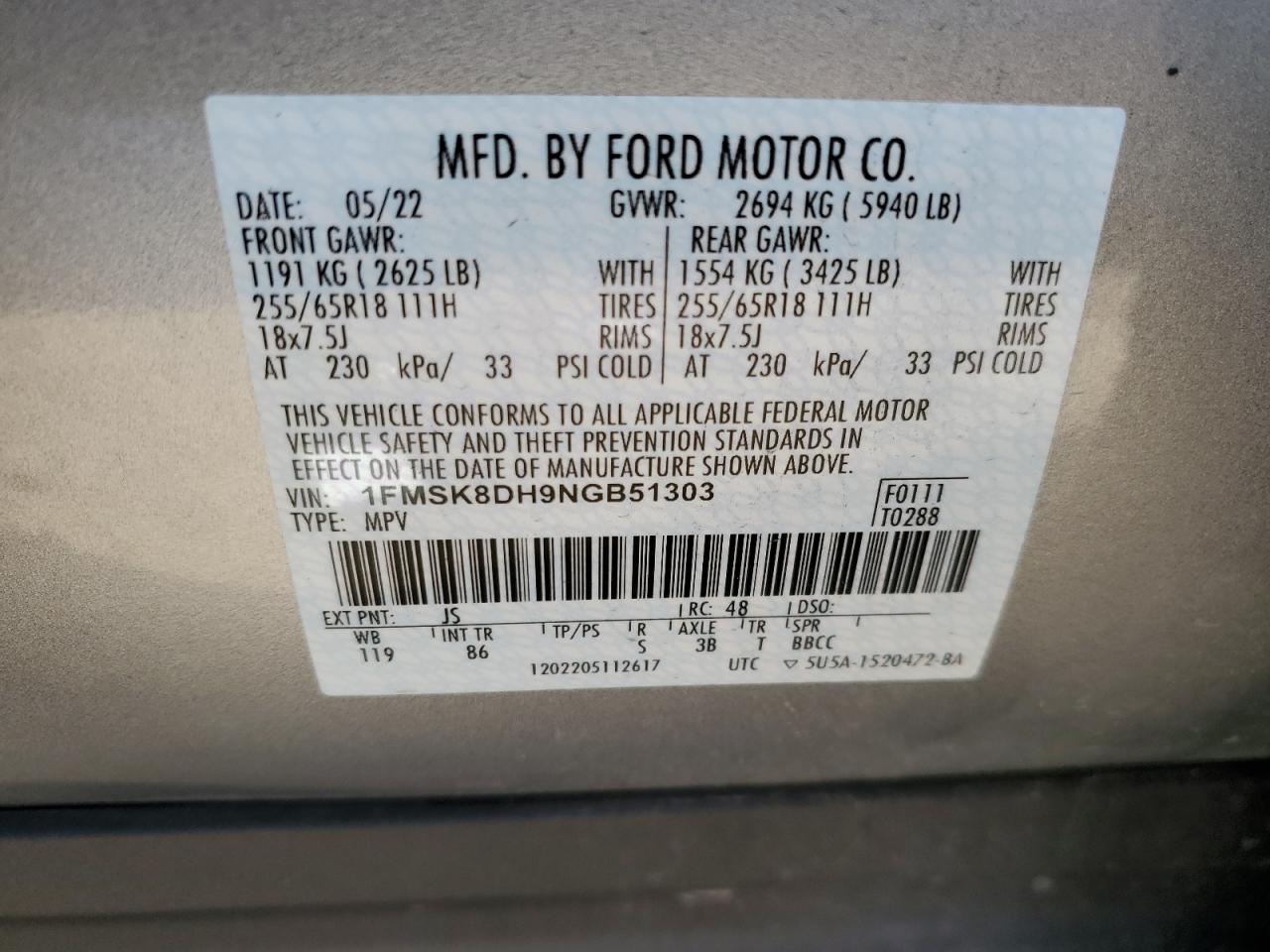 1FMSK8DH9NGB51303 2022 Ford Explorer Xlt