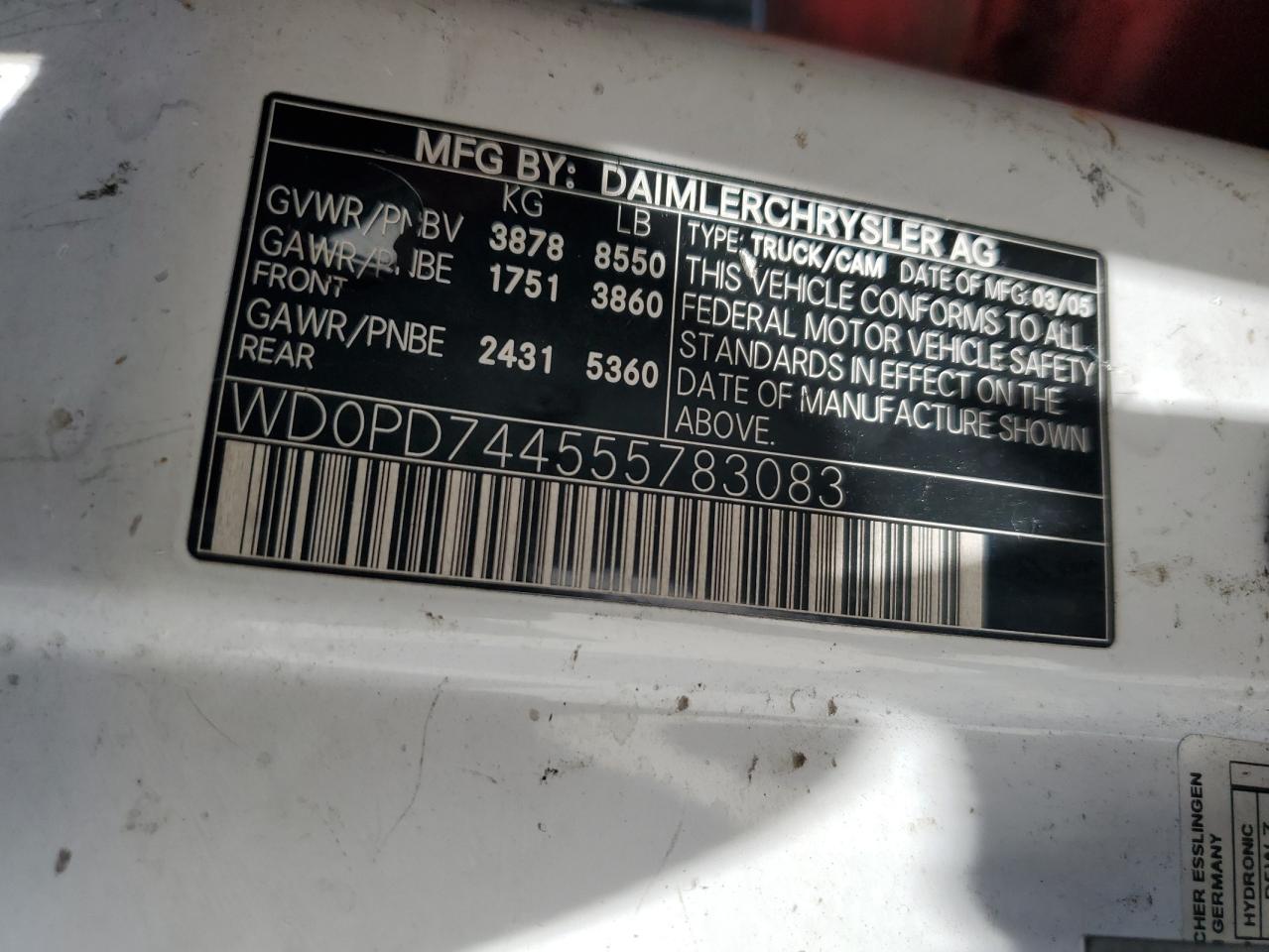 2005 Dodge Sprinter 2500 VIN: WD0PD744555783083 Lot: 66839324