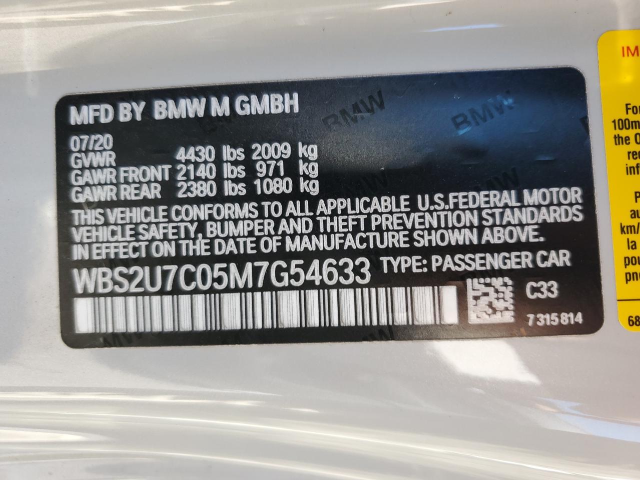 2021 BMW M2 Competition VIN: WBS2U7C05M7G54633 Lot: 68432394