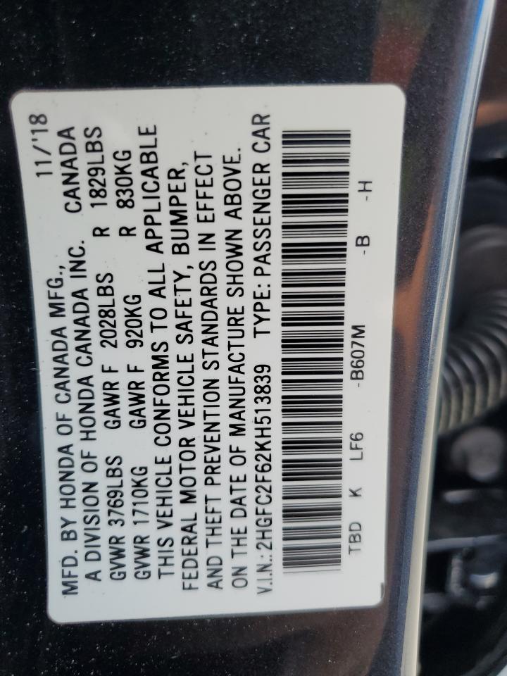 2HGFC2F62KH513839 2019 Honda Civic Lx