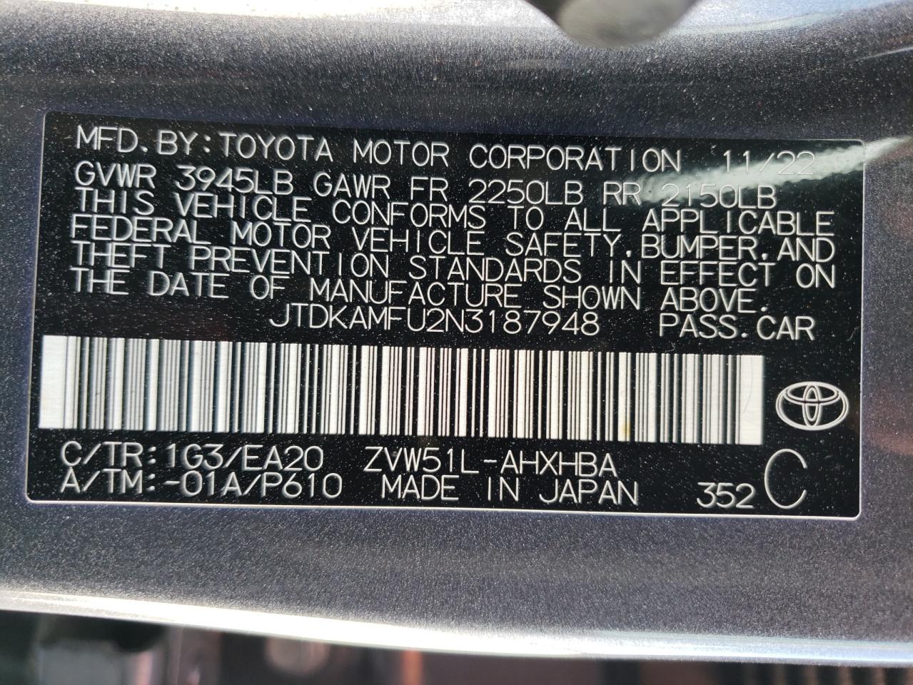 2022 Toyota Prius Night Shade VIN: JTDKAMFU2N3187948 Lot: 66415914