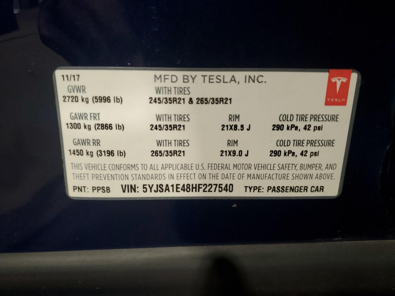 2017 Tesla Model S VIN: 5YJSA1E48HF227540 Lot: 66111294