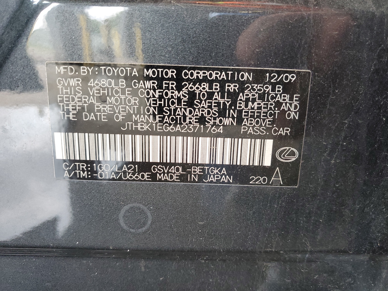 JTHBK1EG6A2371764 2010 Lexus Es 350