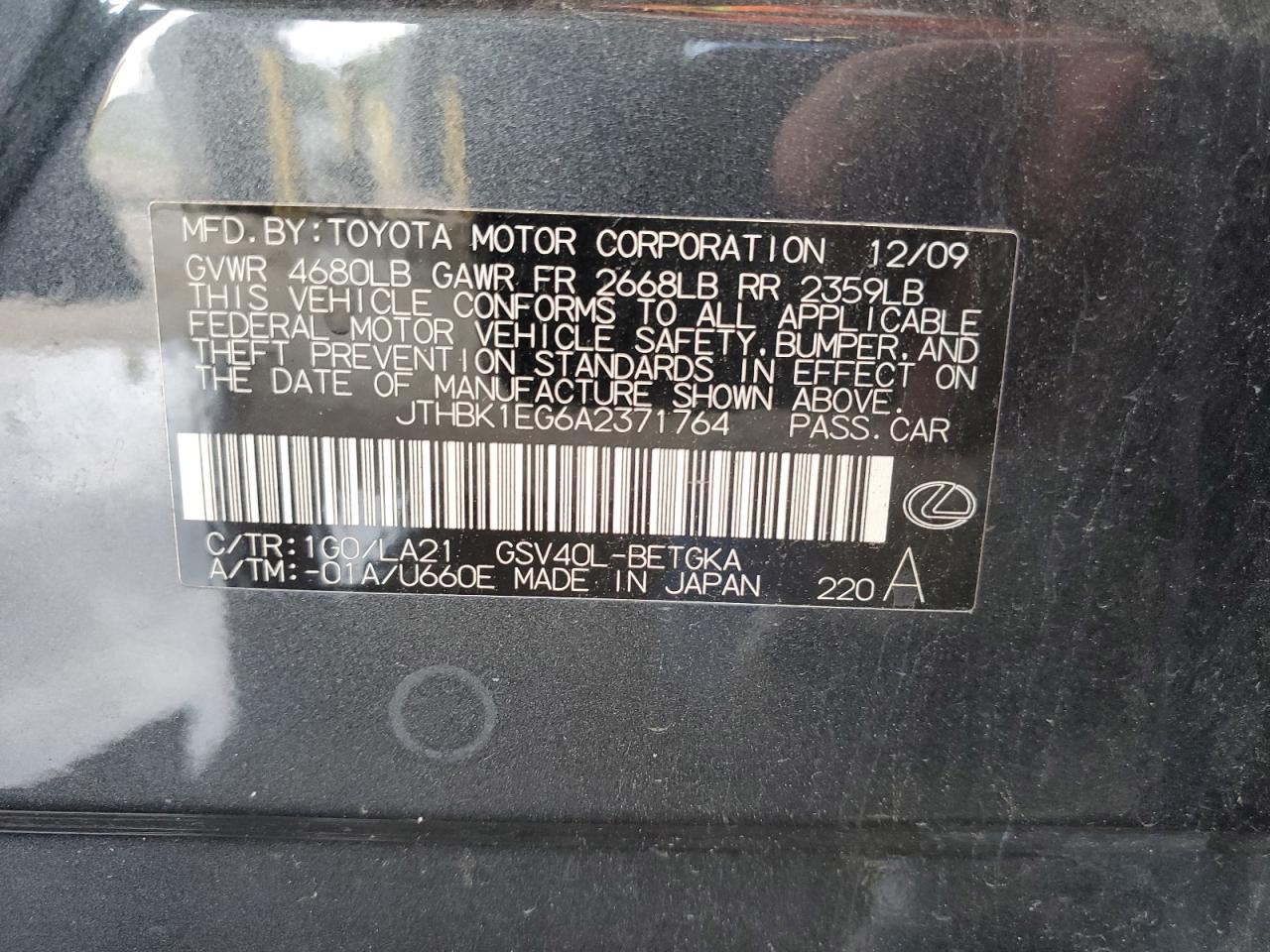 2010 Lexus Es 350 VIN: JTHBK1EG6A2371764 Lot: 66238004