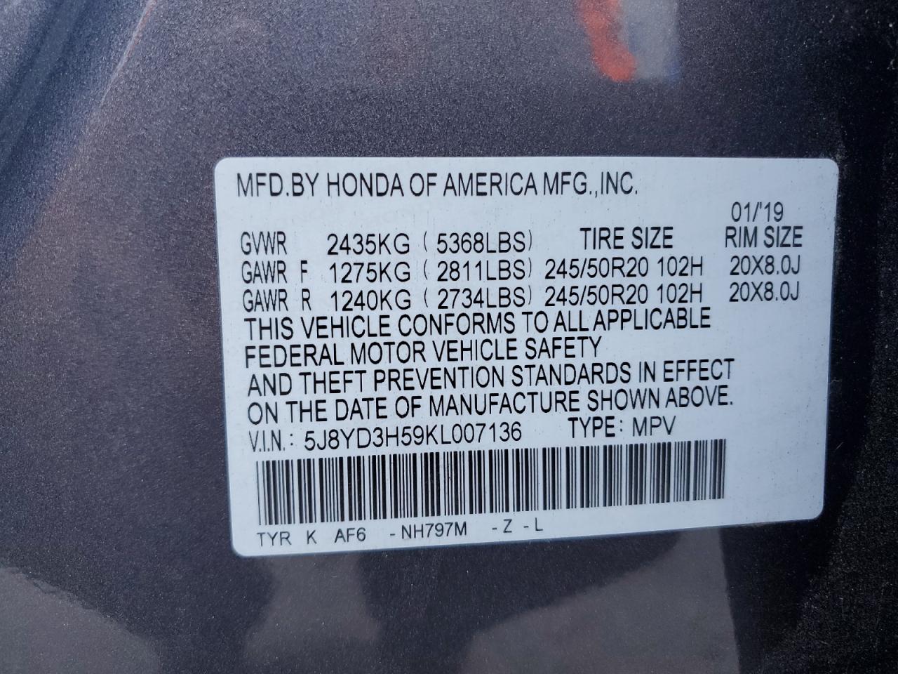 5J8YD3H59KL007136 2019 Acura Mdx Technology