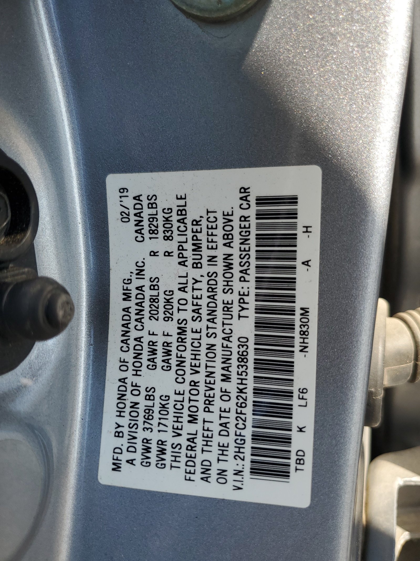 2HGFC2F62KH538630 2019 Honda Civic Lx